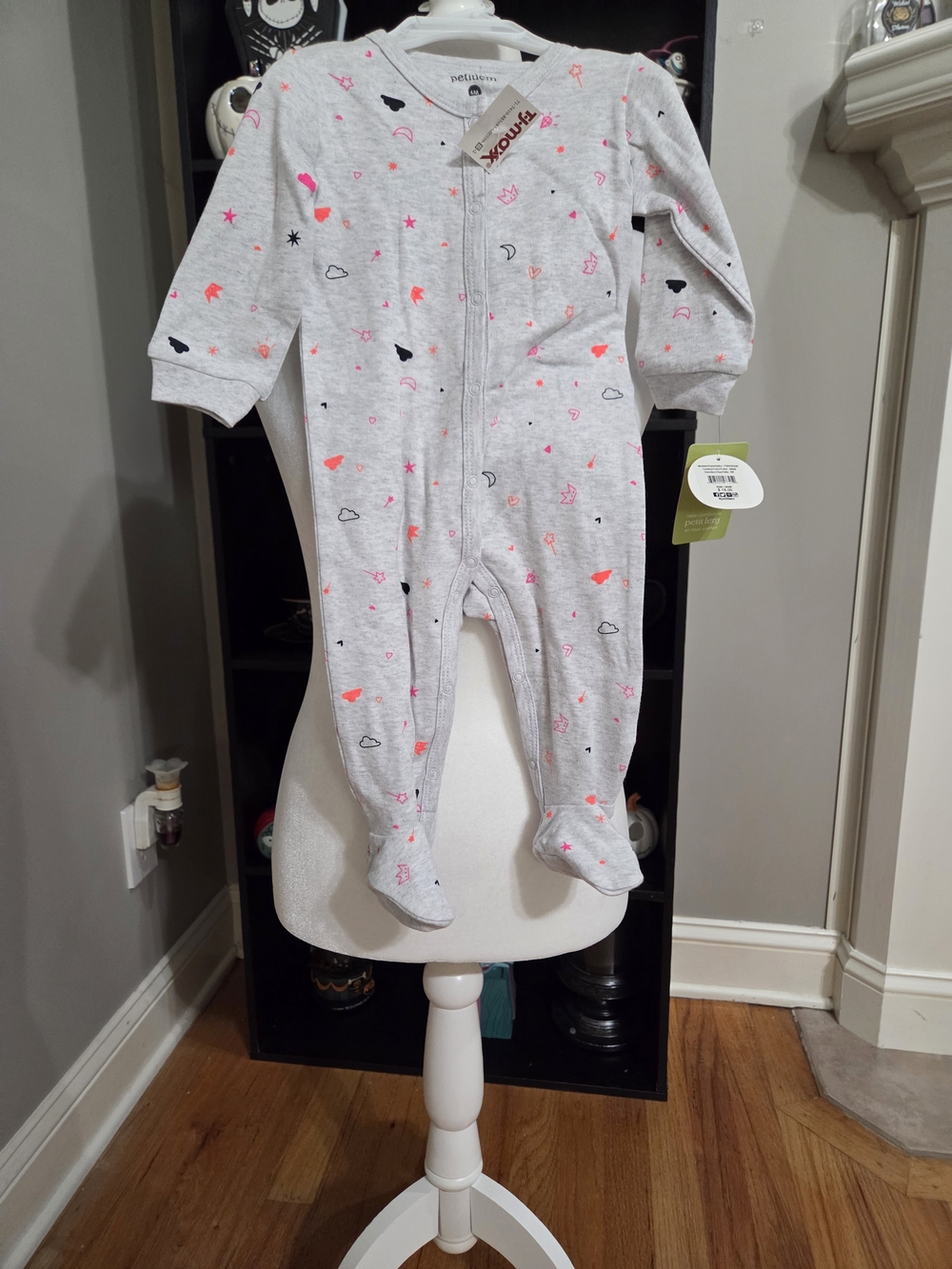 Petit Lem Gray Footed One-Piece with Pink and Navy Accents